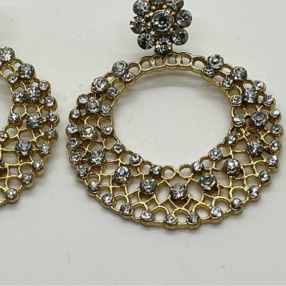 Gold Tone Rhinestones Dangle Drop Filigree Openwork Circle Hoop Fashion Earrings - Picture 5 of 8